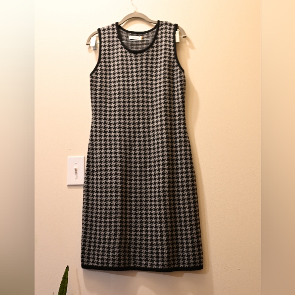 Calvin Klein Black White Houndstooth Bodycon Knit Dress Dark Academia Goth M